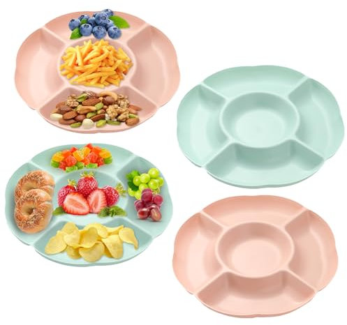 UZSUZZ Serving Dishes & Platters Compartment Trays with 5 Sections, 4 Pack Serving Platters for Parties, Reusable Plastic Snack Tray Serving Trays for Snacks Fruit Candies Dessert Nibbles Nuts
