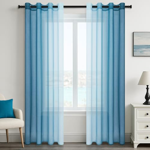 MRTREES Gardinen Voile mit Ösen Wohnzimmer Modern 2er Set Farbverlauf Tealblau, Vorhang Transparent Ösenschal 225 cm Lang 140 cm Breit Vorhänge Durchsichtig für Schlafzimmer Kinderzimmer