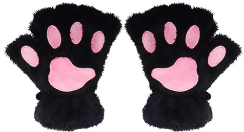 VILITI Guantes de gato para mujer, guantes de invierno con forma de pata de gato, de felpa, cálido, medio dedo, bonita garra de oso, para Halloween, cosplay, fiesta, disfraces, accesorios (negro),