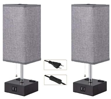 Lampe de Chevet avec 2 Ports de Charge USB & Prises CA Lampe de Bureau E27 avec Abat-jour Tissu Lampe de Table Moderne avec Tirette Interrupteur Éclairage de Table pour Chambre (Gris,2 Pièces)