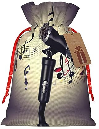 HJLUUFT Sackleinenbeutel mit Mikrofon und Musiknoten-Druck, Weihnachtsgeschenktasche mit Kordelzug und Geschenkanhänger, Hochzeit, Weihnachten, Partygeschenk