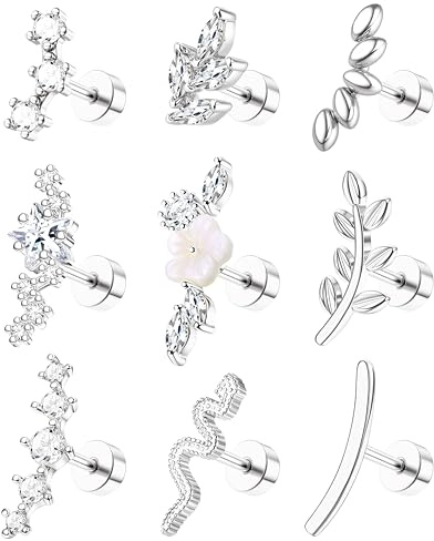 ZELORES 9Pcs Flat Back Cartilage Earrings for Women Trendy 16G Tragus Conch Helix Piercing Jewelry Stainless Steel Snake Star CZ Flat Back Stud Earrings Set(Silver Plated Tone-9Pcs)