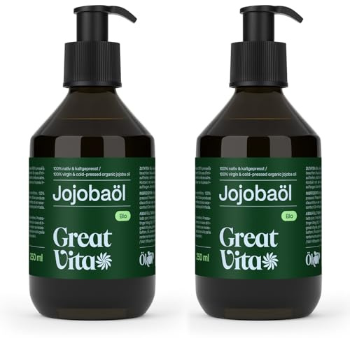 GreatVita Bio Jojobaöl Gold 2x 250ml mit Pumper | 100% rein & kaltgepresst - Feuchtigkeitspflege für Haut & Haare | Trägeröl für Massage & Aromatherapie - trockener Haut & Kopfhaut