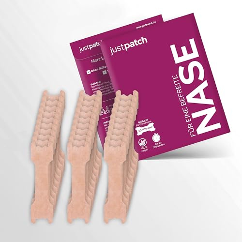 JustPatch 30x Nasenpflaster Nasen Strips Nasenspreizer gegen Schnarchen, Allergien, Schnupfen, 30% mehr Luft extra Halt, besser Atmen bei verstopfter Nase, bessere Schlafqualität, 100% vegan