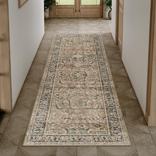HUGEAR Vintage Hallway Runner Brown Long Area Rug 60x180cm Washable Non Slip Rugs Lounge Bedroom Kitchen Bedside Office Indoor Carpet Low Pile Carpets Runners