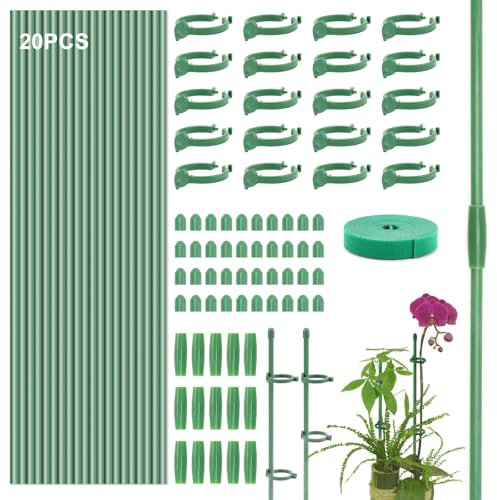 GROOFOO Lot de 20 tuteurs pour plantes, 20 clips fixes, 15 tubes de raccordement, 1 rouleau de ruban magique, tuteur pour tomates, concombres, haricots, pois, orchidées, jardin et plantes d'intérieur