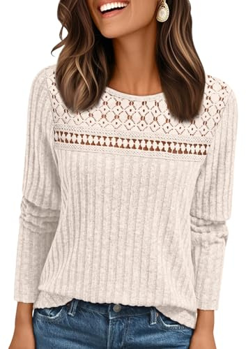 AUTOMET Womens Lace Long Sleeve Shirt Fall Top Fashion Dreesy Casual Tunic Sweaters Mesh Clothes Trendy Work Cute Outfits Apricot M