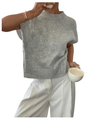 SOLY HUX Women's Short Sleeve Sweater 3D Floral Sweaters Pullover Tank Tops Knit Vest Trendy Fashion Clothing Plain Grey Small