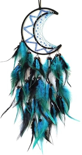 Oenothera Dreamcatcher Blauer Vintage Feder Traumfänger, Handgefertigt Dreamcatcher mit Federn, Mond Traumfänger für Wandbehang Wohnkultur Ornamente Handwerk（Blauschwarz）
