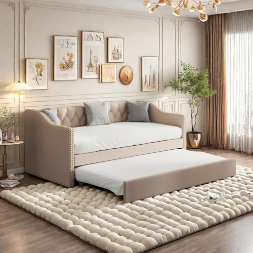 SHAODENG Schlafsofa Tagesbett 90x200 mit Armlehnen, Schlafcouch mit Ausziehbett, Polsterbett Bettgestell mit Lattenrost, als Jugendbett or Gästebett, Beige, Leinen, ohne Matratze