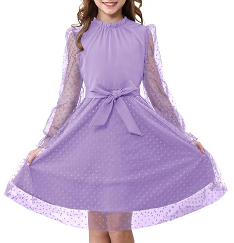 Roalnko Abito a Maniche Lunghe a Volantino per Ragazza, Vita Alta con Cintura Linea A Collo Volant Mesh a Contrasto Abiti da Principessa per Festa in Tulle, Viola, 11-12 Anni, 160