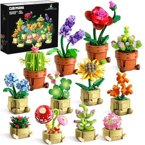 CUBIMANA 12 Fleurs Bonsaï Mini Construction Kit, 1697 Pièces Collection Botanique Succulentes 3,6 mm, Fleurs artificielles pour décoration de Bureau et de Maison pour Adultes et Enfants 12+
