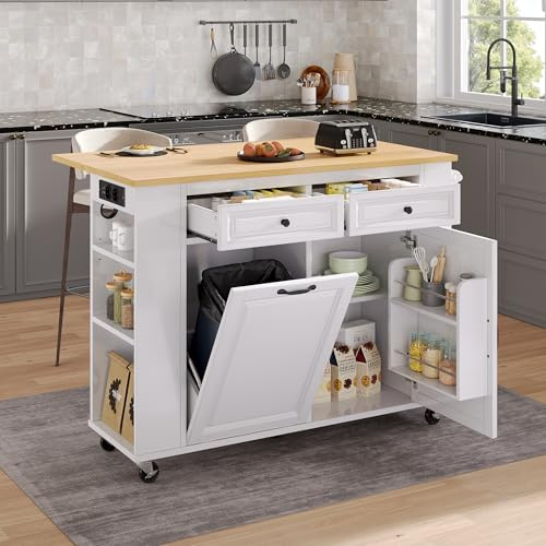 NovaFurnish Isla de cocina con ruedas, mesa de comedor extensible, isla de cocina con compartimento para contenedor de basura y toallero, carrito de servir móvil con regletas de enchufes (blanco, 120