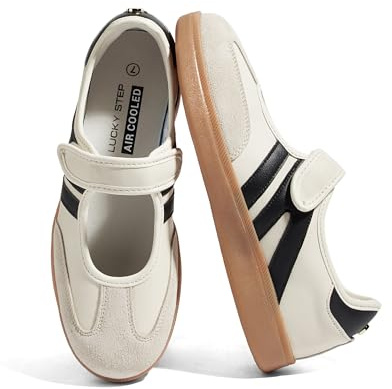 LUCKY STEP Women Gum Thin Sole Fashion Sneakers,Beige/Black,7 | Retro Casual Tennis Slip on Flat Loafers Skate Walking Shoes Hook and Loop Footwear