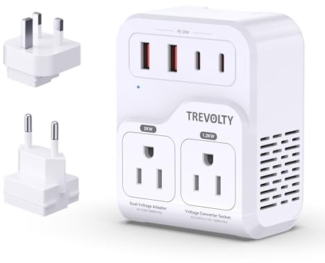 TREVOLTY - 2000W Voltage Converter for Hair Dryers, 7 in 1 Converter 220V to 110V for European Travel with 3 AC/2 USBA/2 USBC (PD20W) Ports, Universal Travel Adapter with