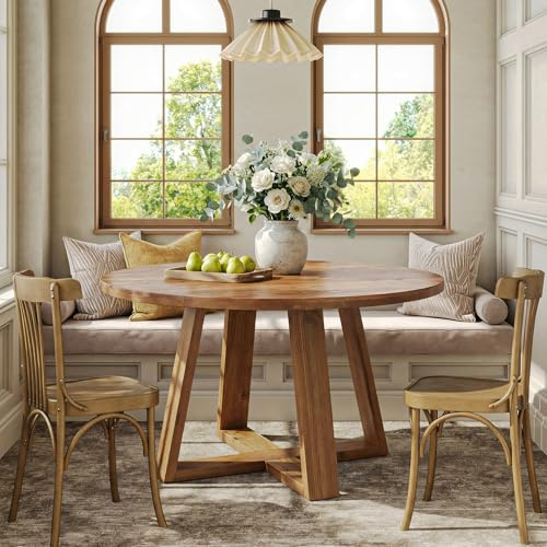 TRIBEWOOD Runder Esstisch, 120 cm, Massivholz-Küchentisch im Landhausstil für 4 Personen, rustikaler runder Tisch mit stabilem Gestell für Esszimmer und Küche, warme Eichenoberfläche