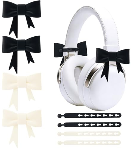 YAYAYOUNG 4 Pack Silicone Bow Decor Headphone Accessories, 3D Cute Earphone Accessories for Women Girls, Gamer Gift for Christmas,Gamer Girl Headphones Accessories-Black+Beige
