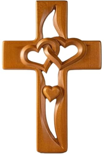 Generisch Handgeschnitztes, herzförmiges Holzkreuz, handgeschnitztes, herzförmiges Holzkreuz, handgeschnitztes, hängendes Hochzeitskreuz zur Wanddekoration