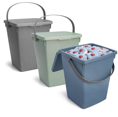 com-four® 3x Förvaringslåda med Lock och Handtag 5 L, Plastbehållare för Tvättmedel, Soptunna, Klädnypelåda [Urval varierar] (3 stycken - blå/grå/grön)