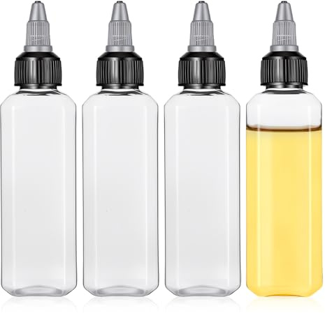 Xthrotsenk 4 Stück Quetschflaschen, 100ml Squeeze Flasche Ölflasche Plastik Quetschflaschen kleine Ölspenderflaschen für Camping mit Drehverschluss, auslaufsichere Reiseflaschen für Öle, Sojasauce