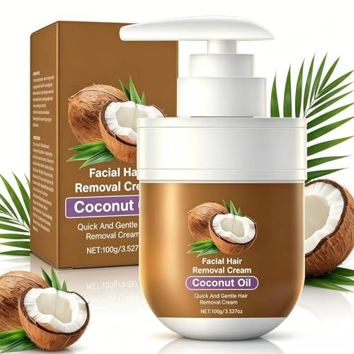 Coconut Oil Hair Removal Cream, Sensitive Skin, Gentle Coconut Oil Depilatory Cream for Women & Men, Body & Facial Hair Remover, Leaves Skin Smooth & Moisturized, 100g