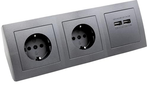 McPower Steckdosenblock Unterbausteckdosen | FLAIR | 2-fach Steckdose + 2x USB-A, 15cm Kabel, 230V~ / 16A, Ecksteckdose Büro Schreibtisch Küche, dunkelgrau anthrazit matt