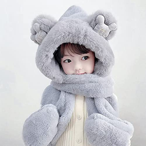 Kinder-Kapuzenpullover mit Schal und Handschuhen, Mütze, Fäustlinge, Handschuhe, Schal, Kinder, 3-in-1, Plüschmütze, Schal, Kombination, Wintermütze mit langen Schaltaschen, für Kinder, warmes