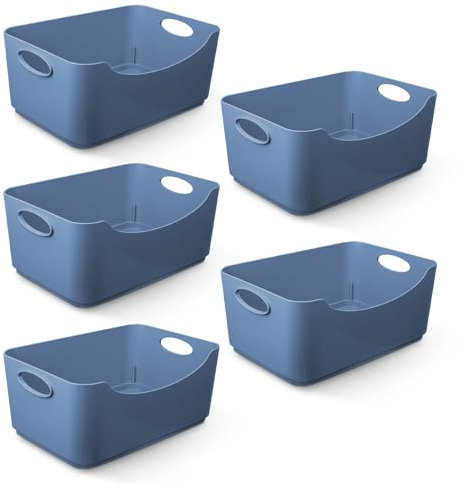 KEPLIN 5 Pack Black Plastic Studio Storage Basket, Portable Container Boxes with Handles for Storage Organisation in Home & Office, Shelfs, Drawers, Kitchen & Cupboards (25.3x17.2x10cm)