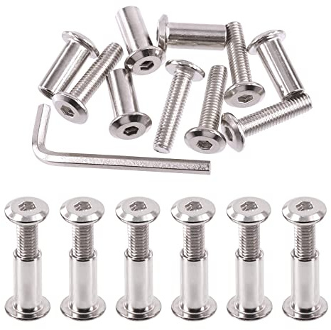 Swpeet Juego de 25 tornillos de unión de plata chapados en níquel M6 x 25 mm, tornillos de cabeza hexagonal, tuercas de barril con 1 llave Allen, poste de tornillo para muebles