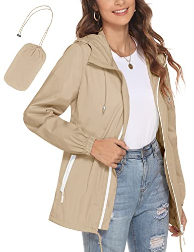 Avoogue Anorak Raincoat Women Solid Shell Waterfall Sports Jacket with Pockets Khaki M