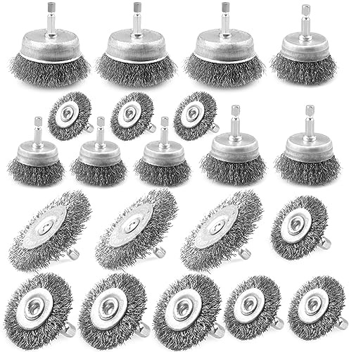 ATOPLEE Ensemble de brosse à fil métallique et brosse à goupille, 21 pièces de brosse à fil pour perceuse avec tige hexagonale de 6,35 mm en acier au carbone à grain grossier pour l'élimination de la