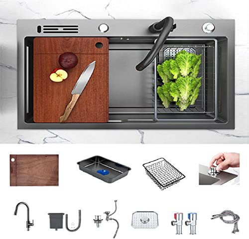 HGTRH Evier Cuisine 1 Bac INOX avec Egouttoir, Evier sous Plan avec SystèMe De Vidange Intelligent, Evier INOX Cuve Simple à Poser, Nano AntibactéRien Anti Rayures éVier à Encastrer avec Accessoires