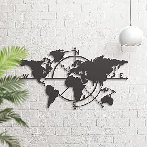 Dekory Wanddekoration Weltkarte voll mit Himmelsrichtungen aus Metall, Wandkunst aus Metall, Dekoration Haus, Innendekoration, Wohnzimmer – 96 x 62 cm