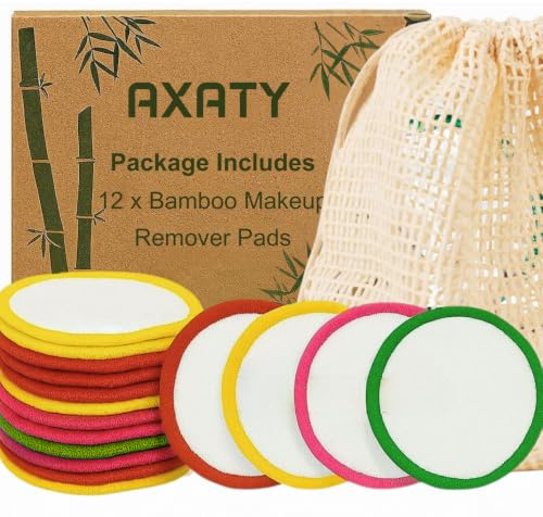 AXATY 3-Layers 12 Reusable Makeup Remover Pads - Organic Bamboo Cotton Pads with Drawstring Bag, Eco-Friendly Cleansing Face Pad - Makeup Remover for All Skin Types (Brown, 12 Pads Set)