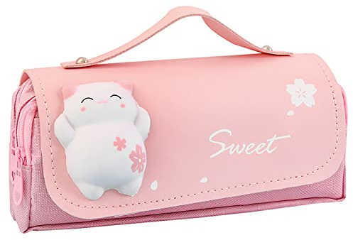 1Stück Bleistiftbox Süße Kätzchen Federmäppchen Pencil Case Kawaii Wasserdicht Tragbar Große Kapazität Federmappe mit 3 Fächern Mäppchen Mädchen Rosa Schreibwarenbeutel für Teenager Studentin Geschenk