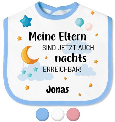 True Statements Baby Lätzchen „Eltern sind nachts erreichbar“ mit Namen personalisiert für Mädchen & Jungen - mit Klettverschluss – Spucktuch Latz Kinderlätzchen – Baby-Geschenke Taufgeschenke