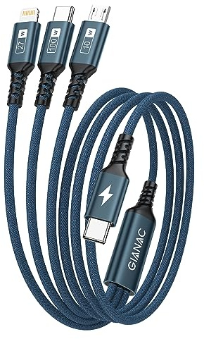 Câble Chargeur Multi Embout 100W [1.2M] USB C vers USB C [100W] + Lightning [27W] + Micro [10W] pour Galaxy S23, iPad Pro/Mini, MacBook Pro/Air, iPhone 15 - Bleu