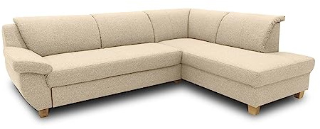 DOMO. collection Ecksofa Panama, Schlaffunktion, beige | Ottomane rechts mit Schlaffunktion, gepolsterten Armlehnen und Holzfuß, 254 x 186 x 80 cm (BxTxH)