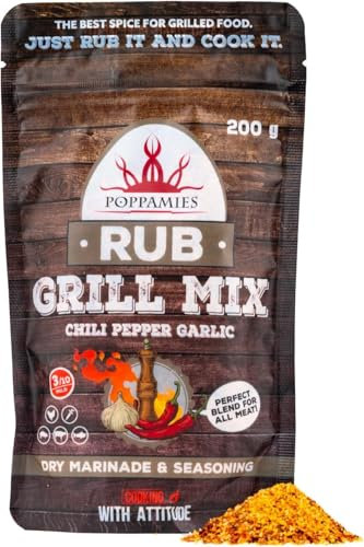 Poppamies Grill Mix BBQ Rub - Condimento per Barbecue 100% Naturale - Mix di Spezie al Peperoncino e Aglio - Perfetto per cibi alla griglia! Manzo Maiale Pesce Verdure Pollo - Confezione Grande (200g)