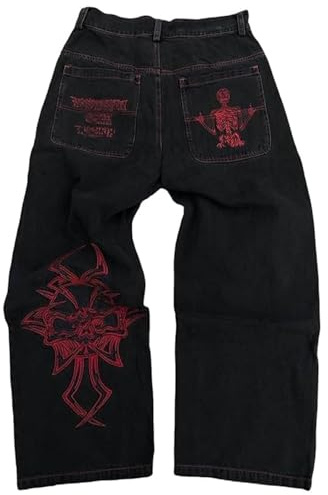 Y2k Baggy Jeans for Men Grunge Vintage Relaxed Fit Skateboard Jeans Loose Vintage Skull Embroidery Hip Hop Dance Denim Pants (UK, Alpha, S, B)