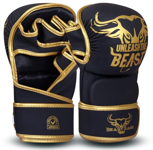 BEAST RAGE MMA Gants pour Hommes et Femmes, Support de Poignet Ajustable, Paume Ouverte, Gants d'arts Martiaux pour Muay Thai, Combat en Cage, Taekwondo (Or, S/M)
