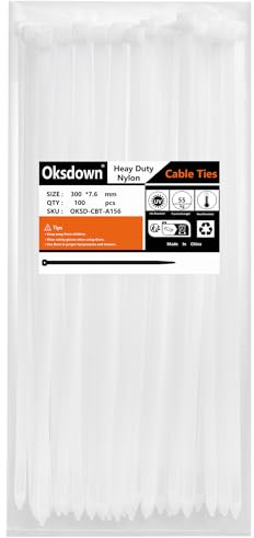 Oksdown 300mm × 7,6mm Breit 100 Stück Extra Stark Kabelbinder mit 55 kg Zugfestigkeit weiß UV-Beständig Groß Nylon Kunststoff Selbstsichernder Multifunktionaler Cable Zip Ties