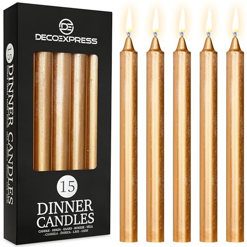 DECO EXPRESS Candele Coniche Set da 15 Candele Rustiche Fatte a Mano Candela Natalizia Durata di Combustione di 9 Ore Senza Profumo (Oro - Confezione da 15)