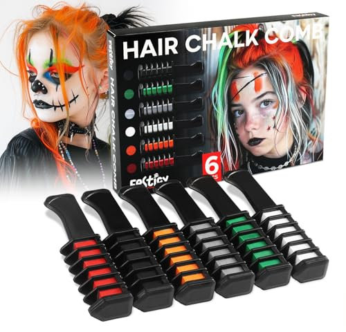 Festicy Gessetti Colorati per Capelli Halloween 2025 I 6 Colori: Nero, Bianco, Rosso, Verde, Arancione, Grigio I Set di Pettini I Costume Halloween Bambina, Ragazza, Donna Horror