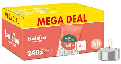 Bolsius - Lot de 240 bougies chauffe-plat - 6 heures de combustion - Blanc - Contient de la cire végétale naturelle - Longueur de combustion - Bougies décoratives ménagères - Sans huile de palme