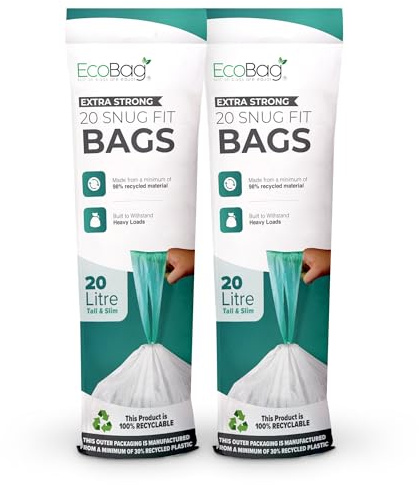 EcoBag - 40 Pack White Kitchen Drawstring Bin Liner - 20L - 24 Microns - Heavy Duty, Extra Strong, Eco-Friendly, Tear Resistant, Clear Recycling Bags (420 x 760mm)