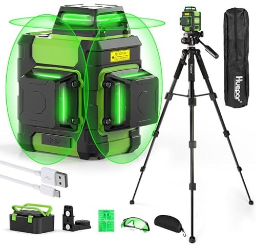 Huepar 360° Laser Level with Tripod, Self Leveling Rechargeable Lazer Level for Construction and Picture Hanging, with Pluse Mode for Outdoor, Hard Carry Case, 50 Tripod, Glasses, Target Plate