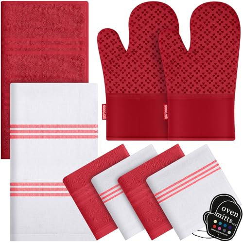 Dish Towels and Dishcloths with Oven Mitts Sets- 100% Cotton Tea Towels for Kitchen- 500 F Heat Resistant Oven Mittens 7.5x12, Durable Dish Cloths 11.8x11.8, Absorbent Dish Towels 13.5x24