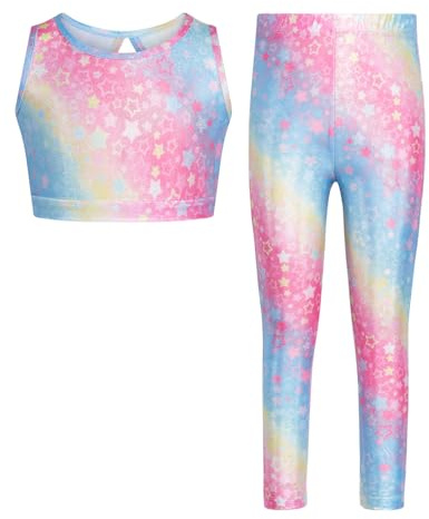 JiAmy Tvådelade gymnastiktrikåer för flickor, glittrande danscyklar med byxor balett tumlande outfit för flicka 3-12 år, Färgglad stjärna, 8-9 Years