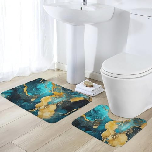 GHBNK Teppich-Set, 2-teilig, saugfähig, rutschfest, waschbar, WC-Vorleger mit rutschfester PVC-Unterseite, Korallensamt, Badteppich-Set, Türkis und Gold